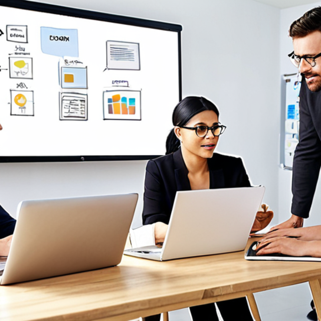 **Prompt:** A diverse group of professionals collaborating on a digital marketing campaign. The scene should be bright and modern, with laptops displaying engaging content. Focus on showing teamwork and the power of storytelling in a business setting. Include elements that suggest innovation and creativity, like a whiteboard with story arcs or mood boards.