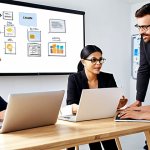 **Prompt:** A diverse group of professionals collaborating on a digital marketing campaign. The scene should be bright and modern, with laptops displaying engaging content. Focus on showing teamwork and the power of storytelling in a business setting. Include elements that suggest innovation and creativity, like a whiteboard with story arcs or mood boards.
