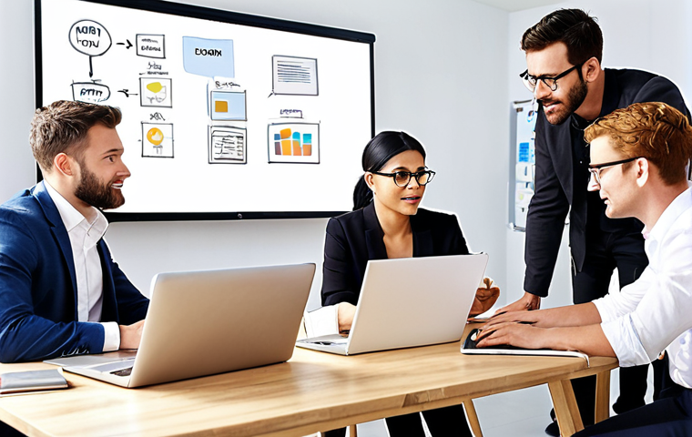 **Prompt:** A diverse group of professionals collaborating on a digital marketing campaign. The scene should be bright and modern, with laptops displaying engaging content. Focus on showing teamwork and the power of storytelling in a business setting. Include elements that suggest innovation and creativity, like a whiteboard with story arcs or mood boards.