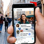 **Image Prompt:** A customer smiling while interacting with an AI chatbot on a mobile phone. The chatbot interface is clean and modern, offering personalized recommendations for products. The background shows a bustling city street, implying the convenience of 24/7 support. The overall tone is positive and helpful.
