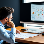 A focused professional content creator, dressed in a modest business casual outfit, sitting comfortably at a large wooden desk in a bright, modern office space. The creator is intently looking at a digital mind map displayed on a large monitor, surrounded by notebooks and pens. The scene captures a moment of deep creative thought and planning, fully clothed, appropriate attire, safe for work, perfect anatomy, correct proportions, natural pose, well-formed hands, proper finger count, natural body proportions, professional photography, high quality, appropriate content, family-friendly.