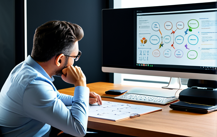 A focused professional content creator, dressed in a modest business casual outfit, sitting comfortably at a large wooden desk in a bright, modern office space. The creator is intently looking at a digital mind map displayed on a large monitor, surrounded by notebooks and pens. The scene captures a moment of deep creative thought and planning, fully clothed, appropriate attire, safe for work, perfect anatomy, correct proportions, natural pose, well-formed hands, proper finger count, natural body proportions, professional photography, high quality, appropriate content, family-friendly.