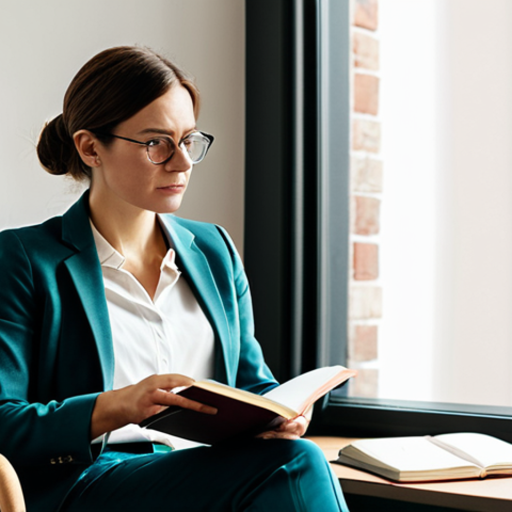 A thoughtful female creative professional, Caucasian, mid-30s, in a modest business casual outfit including a well-fitted blazer and trousers, seated comfortably in a plush armchair next to a large window in a minimalist home office. She holds a journal and pen, looking reflectively into the soft, natural light, surrounded by a potted plant and neatly arranged books on a shelf. The scene is imbued with a warm, muted color palette, emphasizing introspection and the discovery of one's unique creative voice. Professional photography, high resolution, realistic, cinematic lighting. Fully clothed, appropriate attire, modest clothing, safe for work, appropriate content, perfect anatomy, correct proportions, natural body proportions, well-formed hands, proper finger count.