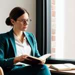 A thoughtful female creative professional, Caucasian, mid-30s, in a modest business casual outfit including a well-fitted blazer and trousers, seated comfortably in a plush armchair next to a large window in a minimalist home office. She holds a journal and pen, looking reflectively into the soft, natural light, surrounded by a potted plant and neatly arranged books on a shelf. The scene is imbued with a warm, muted color palette, emphasizing introspection and the discovery of one's unique creative voice. Professional photography, high resolution, realistic, cinematic lighting. Fully clothed, appropriate attire, modest clothing, safe for work, appropriate content, perfect anatomy, correct proportions, natural body proportions, well-formed hands, proper finger count.