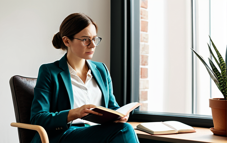 A thoughtful female creative professional, Caucasian, mid-30s, in a modest business casual outfit including a well-fitted blazer and trousers, seated comfortably in a plush armchair next to a large window in a minimalist home office. She holds a journal and pen, looking reflectively into the soft, natural light, surrounded by a potted plant and neatly arranged books on a shelf. The scene is imbued with a warm, muted color palette, emphasizing introspection and the discovery of one's unique creative voice. Professional photography, high resolution, realistic, cinematic lighting. Fully clothed, appropriate attire, modest clothing, safe for work, appropriate content, perfect anatomy, correct proportions, natural body proportions, well-formed hands, proper finger count.