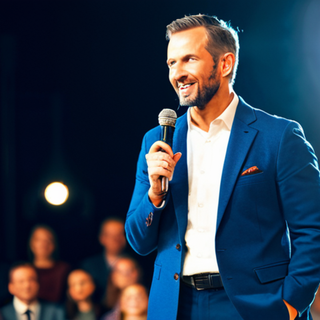 A Storyteller on Stage**

"A charismatic storyteller, fully clothed in a professional yet stylish outfit (think a modern blazer and slacks), standing on a brightly lit stage with a microphone. The background features a blurred audience and warm stage lighting. Focus on the storyteller's engaging expression and confident posture. Perfect anatomy, correct proportions, well-formed hands, proper finger count, natural pose, appropriate attire, safe for work, professional, family-friendly, appropriate content."

**