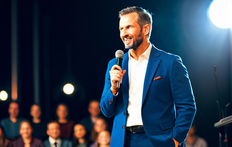 A Storyteller on Stage**

"A charismatic storyteller, fully clothed in a professional yet stylish outfit (think a modern blazer and slacks), standing on a brightly lit stage with a microphone. The background features a blurred audience and warm stage lighting. Focus on the storyteller's engaging expression and confident posture. Perfect anatomy, correct proportions, well-formed hands, proper finger count, natural pose, appropriate attire, safe for work, professional, family-friendly, appropriate content."

**