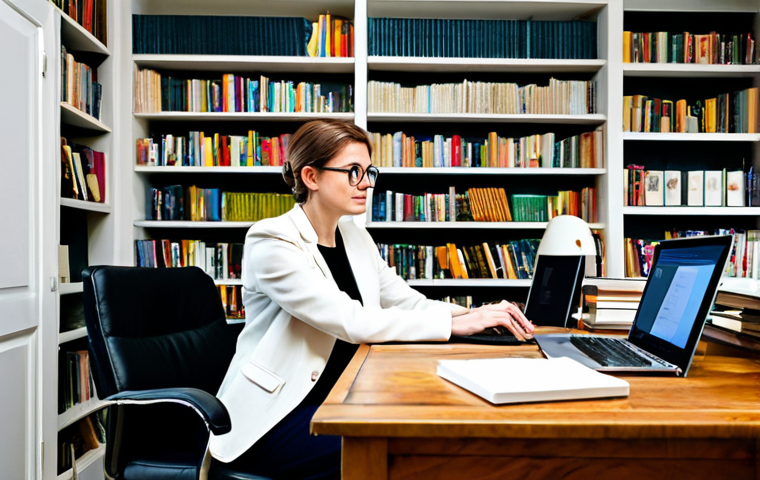 **

"A writer in a cozy home office, surrounded by notebooks and sticky notes filled with ideas, working on a laptop. The scene should evoke a sense of creativity and inspiration. Bookshelves line the walls, filled with well-loved novels. She is fully clothed in comfortable, professional attire. Safe for work, appropriate content, perfect anatomy, natural proportions, family-friendly, high quality."

**