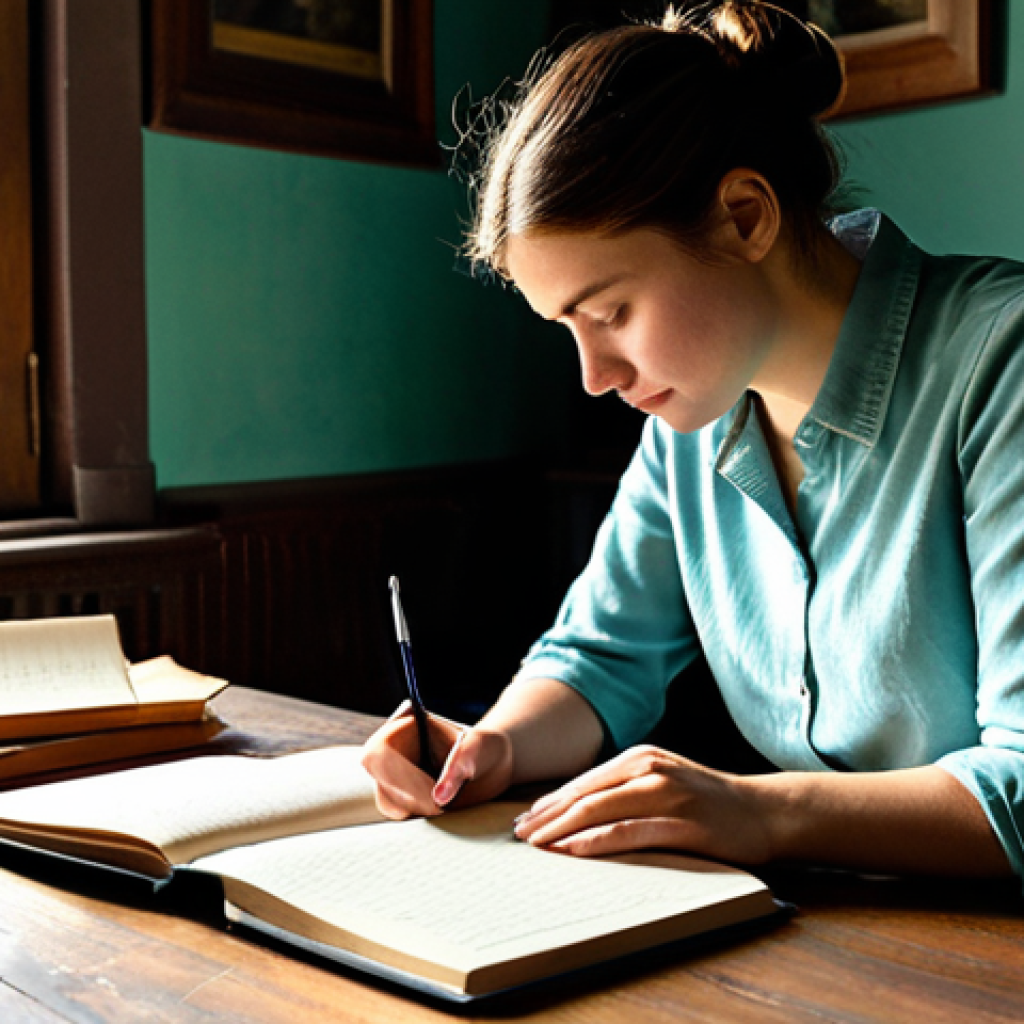 The Author's Study**

"A writer in a fully clothed, modest outfit sits at a vintage wooden desk in a cozy study filled with books. Sunlight streams through a window, illuminating dust motes dancing in the air. The room is filled with personal mementos and handwritten notes. The writer is looking thoughtfully at a blank page in a notebook. safe for work, appropriate content, perfect anatomy, natural proportions, professional, family-friendly, well-formed hands, proper finger count, natural body proportions, fully clothed."

**