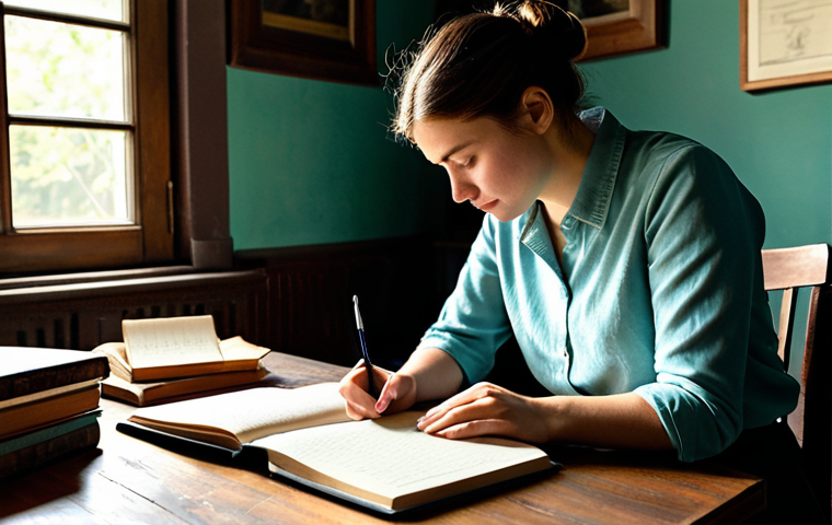 The Author's Study**

"A writer in a fully clothed, modest outfit sits at a vintage wooden desk in a cozy study filled with books. Sunlight streams through a window, illuminating dust motes dancing in the air. The room is filled with personal mementos and handwritten notes. The writer is looking thoughtfully at a blank page in a notebook. safe for work, appropriate content, perfect anatomy, natural proportions, professional, family-friendly, well-formed hands, proper finger count, natural body proportions, fully clothed."

**