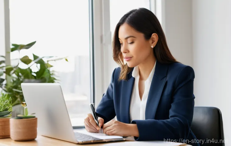 스토리텔러 자격증과 경력 설계 전략 - **Prompt:** A professional woman in her early 30s, dressed in stylish business casual attire (blouse...