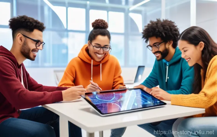 스토리텔러의 글로벌 네트워킹 기회 - **Global Storytelling Collaboration:** A vibrant, eye-level, wide-angle shot of a diverse group of y...