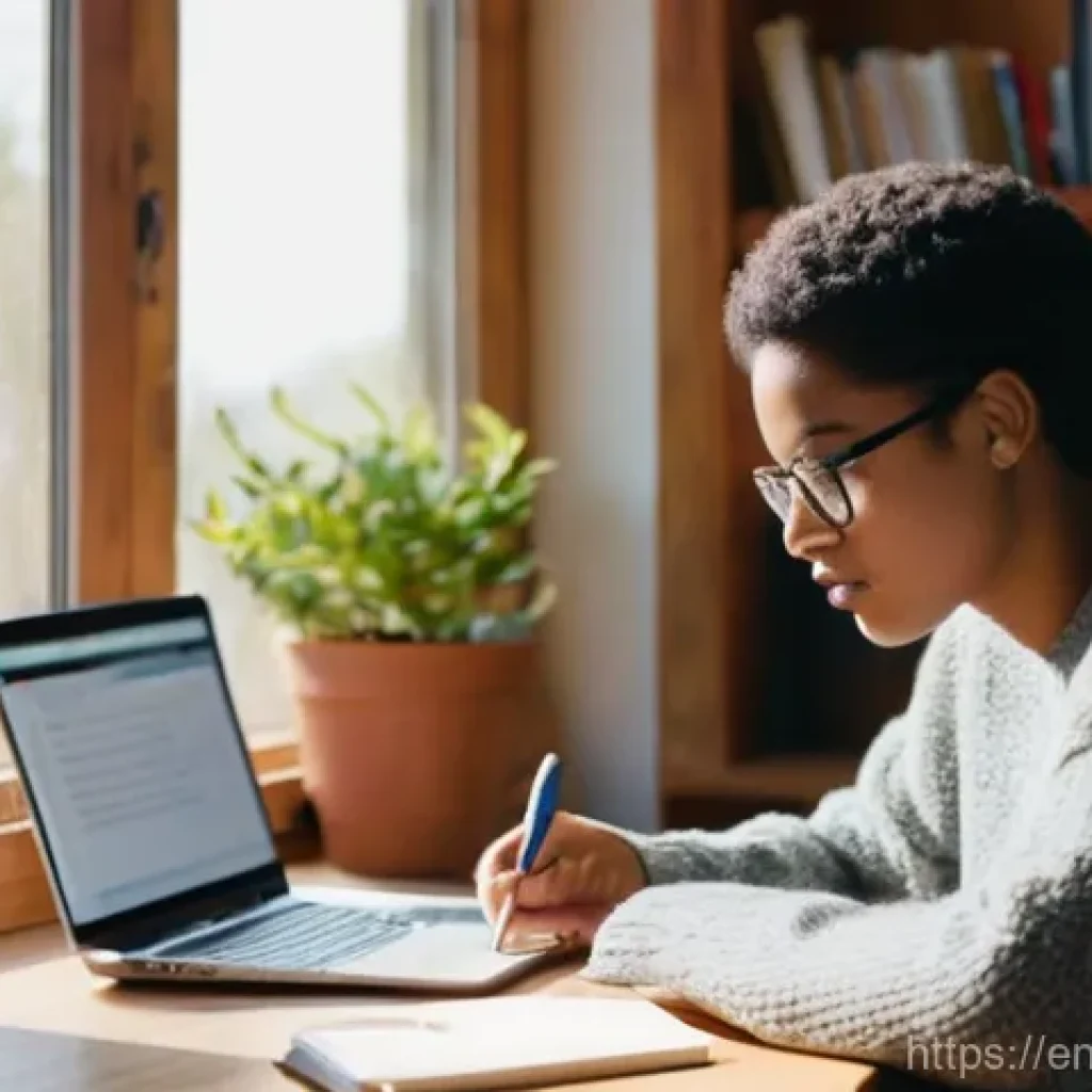 스토리텔러 직무에서의 스토리 제작 능력 향상 방법과 사례 분석과 연구 - **Prompt:** A cozy, sunlit home office scene. A young adult, gender-neutral, wearing a comfortable o...