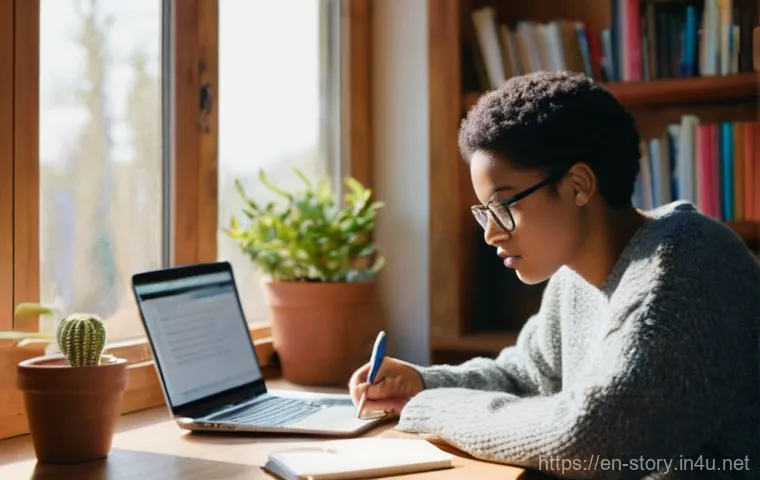 스토리텔러 직무에서의 스토리 제작 능력 향상 방법과 사례 분석과 연구 - **Prompt:** A cozy, sunlit home office scene. A young adult, gender-neutral, wearing a comfortable o...