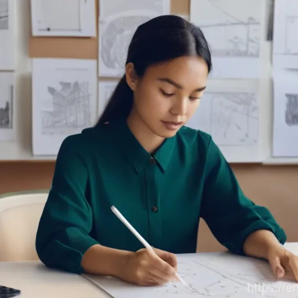 스토리텔러 관련 포트폴리오 작성 팁 - **Prompt:** A focused and thoughtful female graphic designer in her late 20s, wearing stylish but co...