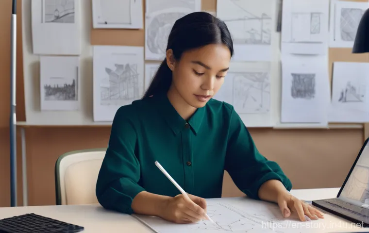 스토리텔러 관련 포트폴리오 작성 팁 - **Prompt:** A focused and thoughtful female graphic designer in her late 20s, wearing stylish but co...