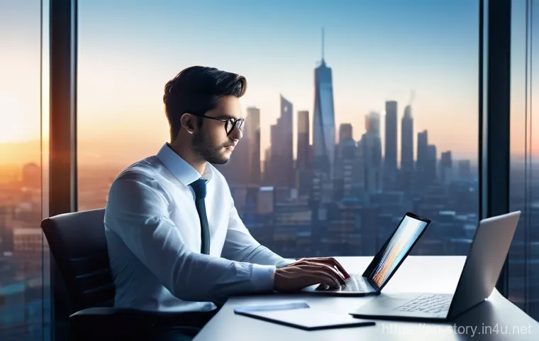 스토리텔러가 겪는 도전 과제와 해결 방안 - **Prompt:** A young, determined professional, dressed in smart-casual business attire, sits at a cle...