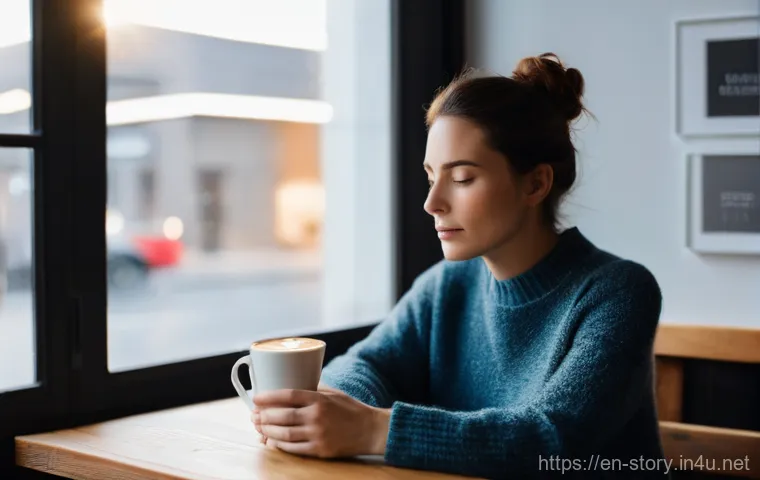스토리텔러의 인생을 바꾼 이야기 - **Prompt:** A serene, contemplative scene inside a cozy, warmly lit independent coffee shop. A woman...
