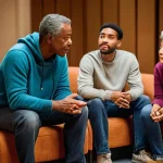 스토리텔러로서 사회적 기여 가능성 - A diverse group of adults of varying ages and backgrounds gathered in a warmly lit, comfortable comm...