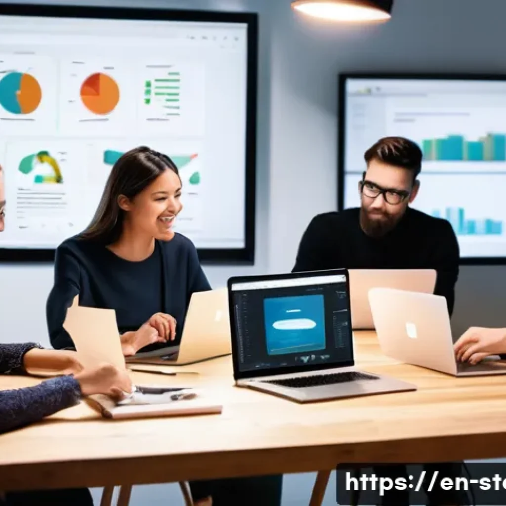 스토리텔러 실무에서 스토리 큐레이션 활용 - A modern workspace scene showing a diverse group of content creators collaborating around a large ta...