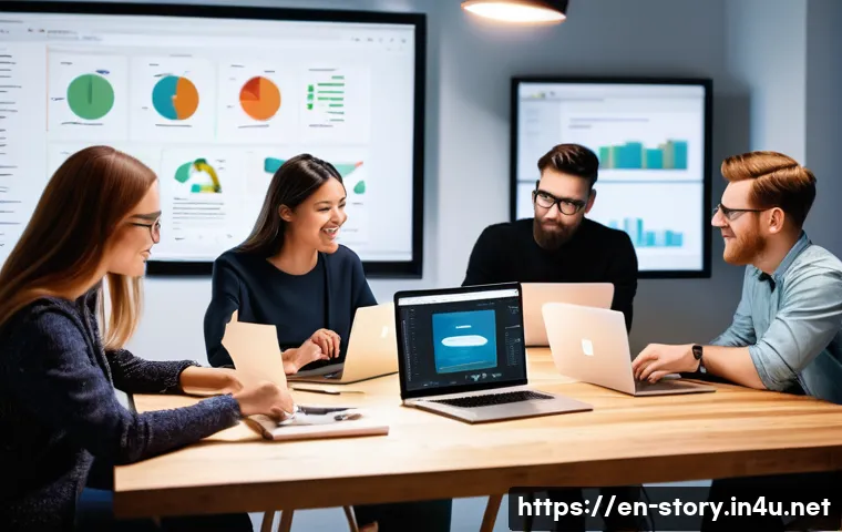 스토리텔러 실무에서 스토리 큐레이션 활용 - A modern workspace scene showing a diverse group of content creators collaborating around a large ta...