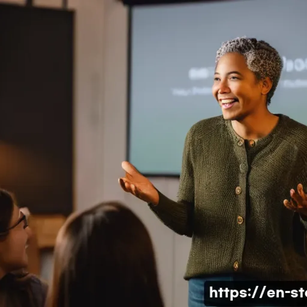 스토리텔러 관련 직업의 다양한 이야기 제작 방법과 사례 분석과 연구 - A professional storyteller standing on a small stage in a cozy, warmly lit room, passionately engagi...