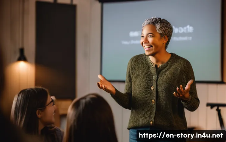 스토리텔러 관련 직업의 다양한 이야기 제작 방법과 사례 분석과 연구 - A professional storyteller standing on a small stage in a cozy, warmly lit room, passionately engagi...
