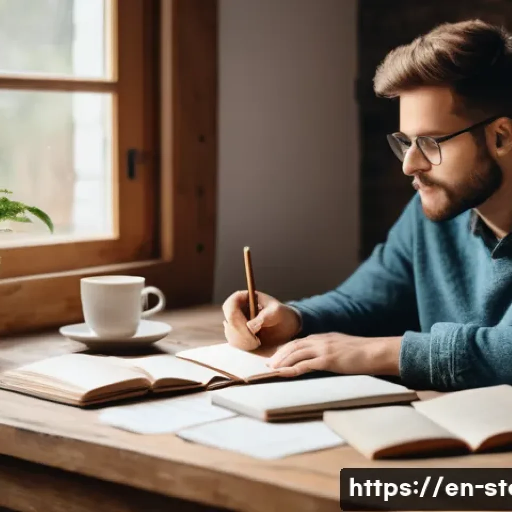 스토리텔러 직업의 장단점과 도전 과제 - A cozy writer&rsquo;s workspace featuring a person sitting at a wooden desk surrounded by notebooks, a lap...