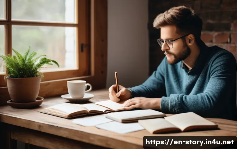 스토리텔러 직업의 장단점과 도전 과제 - A cozy writer’s workspace featuring a person sitting at a wooden desk surrounded by notebooks, a lap...