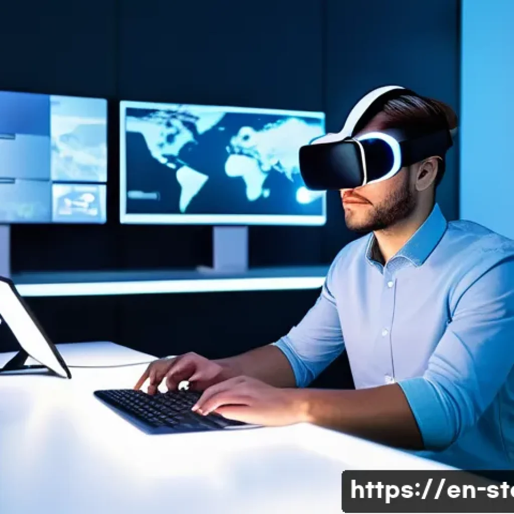 스토리텔러로서의 직업 변화와 도전 - A futuristic digital storyteller at work in a high-tech studio, surrounded by multiple screens displ...