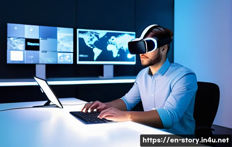 스토리텔러로서의 직업 변화와 도전 - A futuristic digital storyteller at work in a high-tech studio, surrounded by multiple screens displ...