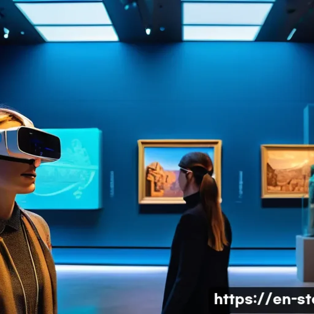 스토리텔러가 알아야 할 산업 트렌드 - A futuristic museum exhibit featuring visitors wearing augmented reality glasses, interacting with v...