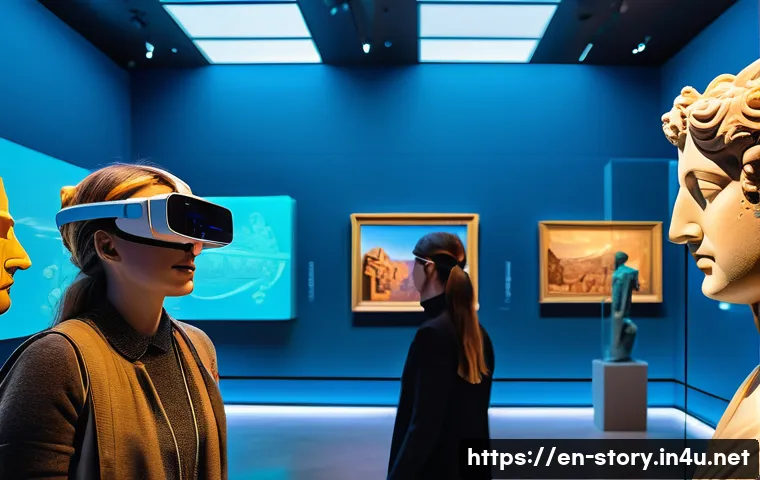 스토리텔러가 알아야 할 산업 트렌드 - A futuristic museum exhibit featuring visitors wearing augmented reality glasses, interacting with v...