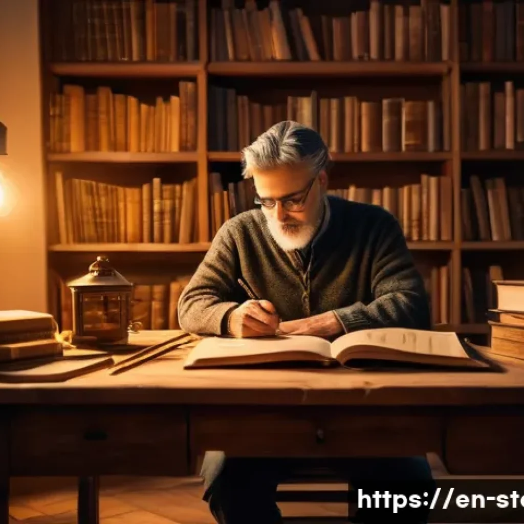 스토리텔러 직업과 관련된 다양한 스토리 제작 방법과 전략 분석 - A cinematic scene showing a storyteller sitting at a rustic wooden desk in a cozy, warmly lit room f...