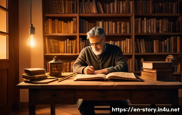 스토리텔러 직업과 관련된 다양한 스토리 제작 방법과 전략 분석 - A cinematic scene showing a storyteller sitting at a rustic wooden desk in a cozy, warmly lit room f...