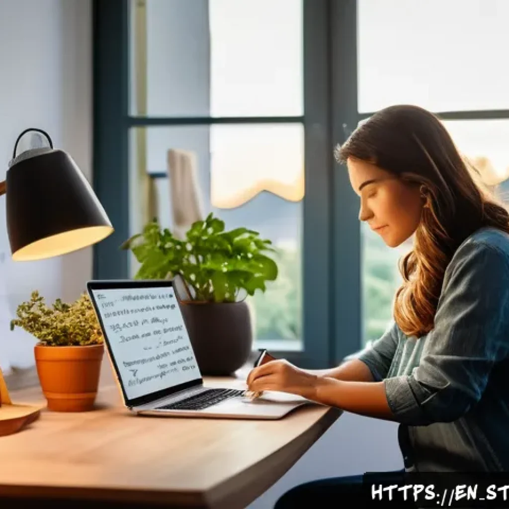 스토리텔러 실무 사례 인터뷰 - A modern entrepreneur in a cozy, well-lit home office, surrounded by motivational quotes and a visio...