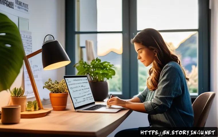 스토리텔러 실무 사례 인터뷰 - A modern entrepreneur in a cozy, well-lit home office, surrounded by motivational quotes and a visio...