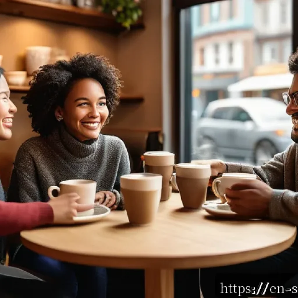 스토리텔러와 고객 경험 중심의 스토리 제작 - A warm, inviting scene of a diverse group of people in a cozy coffee shop, engaged in heartfelt conv...