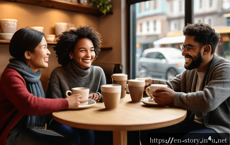 스토리텔러와 고객 경험 중심의 스토리 제작 - A warm, inviting scene of a diverse group of people in a cozy coffee shop, engaged in heartfelt conv...
