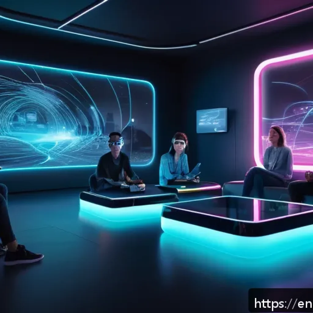 스토리텔러 관련 산업 트렌드 요약 - A futuristic interactive storytelling scene showing a diverse group of people using advanced AI-powe...
