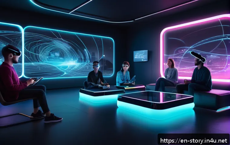스토리텔러 관련 산업 트렌드 요약 - A futuristic interactive storytelling scene showing a diverse group of people using advanced AI-powe...