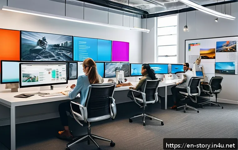 스토리텔러 관련 직업과 스토리 제작 방법과 사례 분석 - A modern creative director’s office environment with a diverse team collaborating on a vibrant adver...