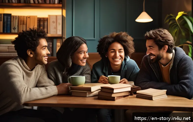 스토리텔러가 중요하게 생각해야 할 고객 니즈 - A diverse group of people sitting together in a cozy, warmly lit room, deeply engaged in storytellin...