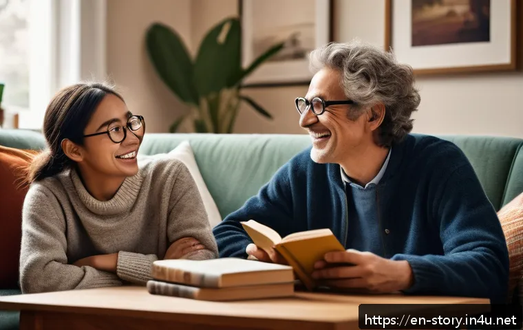 스토리텔러 직업의 장단점 - A cozy, warmly lit living room scene featuring a diverse group of relatable characters engaged in st...
