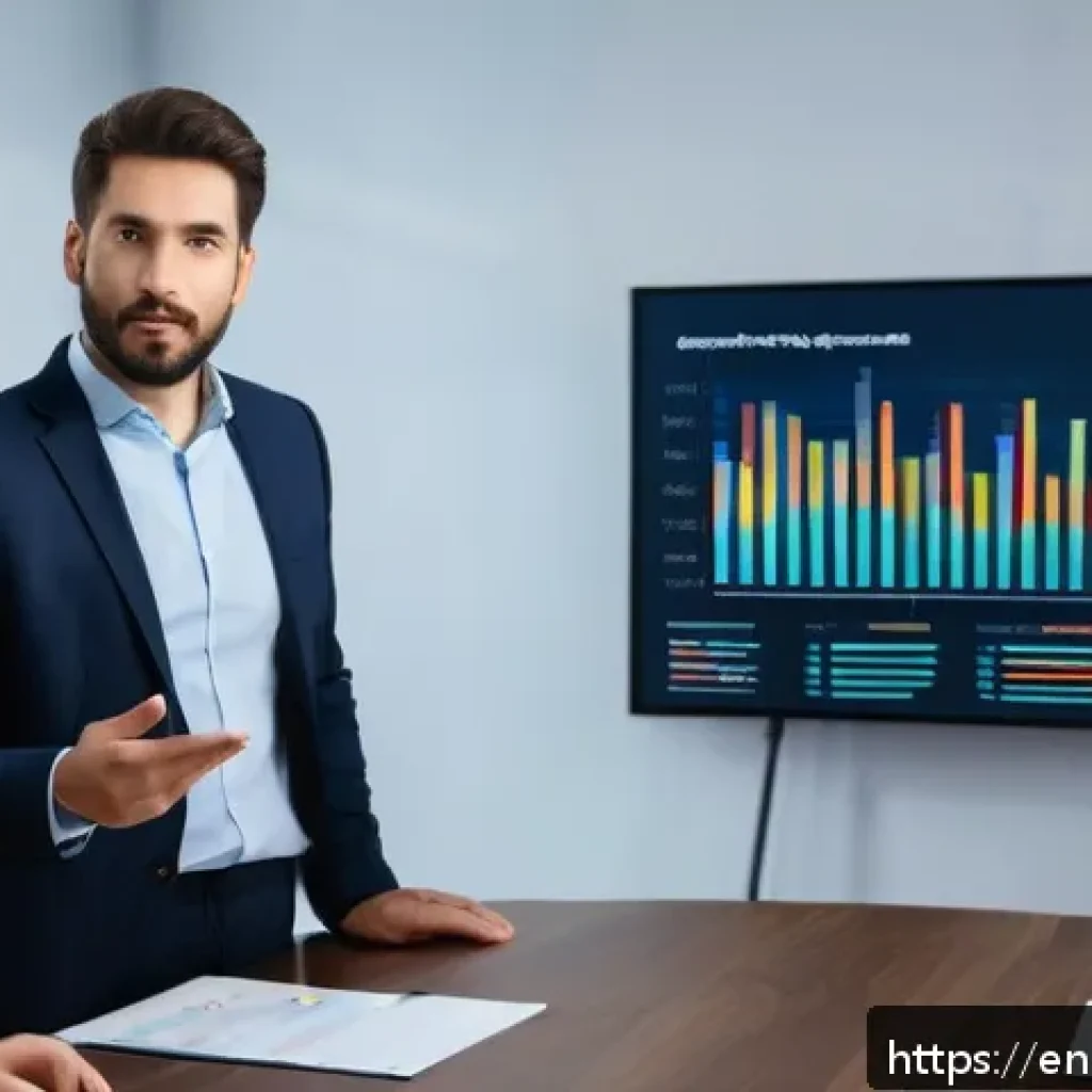 스토리텔러와 데이터 기반 이야기 제작 - A clean, modern office setting with a professional data analyst presenting a large digital screen di...