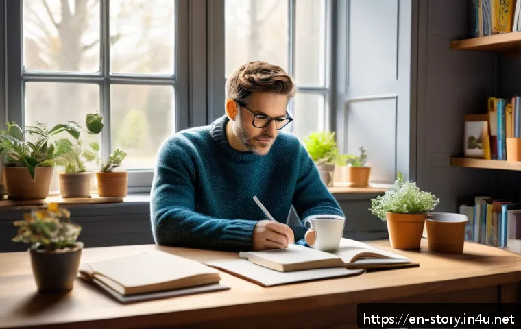 스토리텔러가 활용하는 베스트 툴 목록 - A modern writer&rsquo;s cozy home office scene showing a diverse adult author sitting at a wooden desk wit...