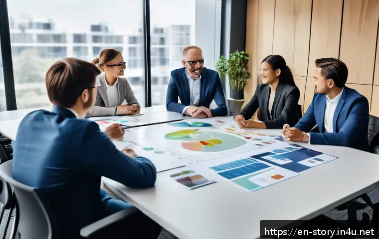스토리텔러가 참여한 주요 프로젝트와 성공 사례 - A diverse, collaborative team gathered around a conference table in a modern office, engaged in a st...
