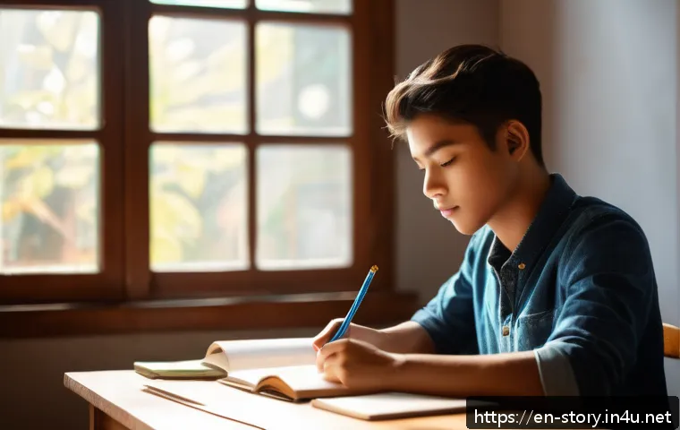 스토리텔러 필기 시험 준비법 완전 정리 - A focused student sitting at a wooden desk in a cozy, sunlit study room, surrounded by open notebook...