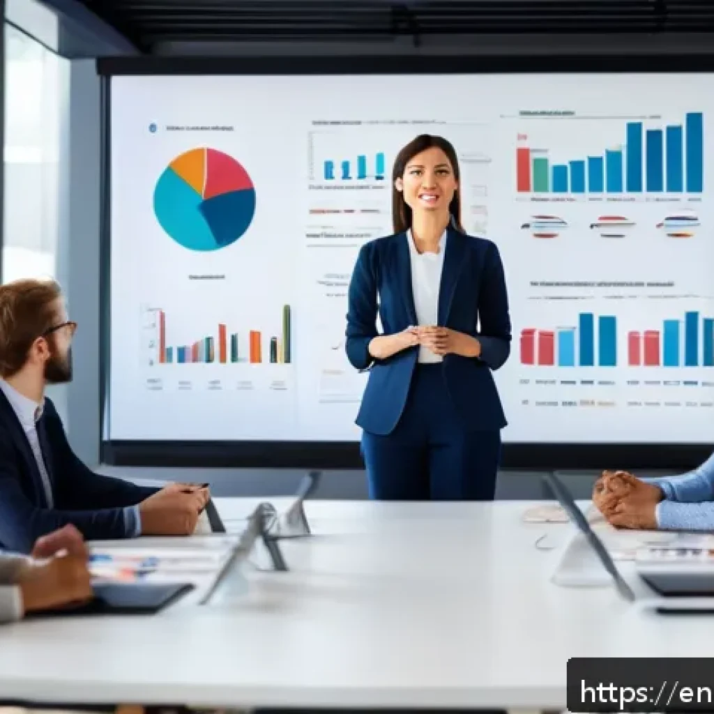 스토리텔러 직무와 관련된 전문성 향상법 - A confident professional woman delivering a presentation in a modern office setting, using expressiv...