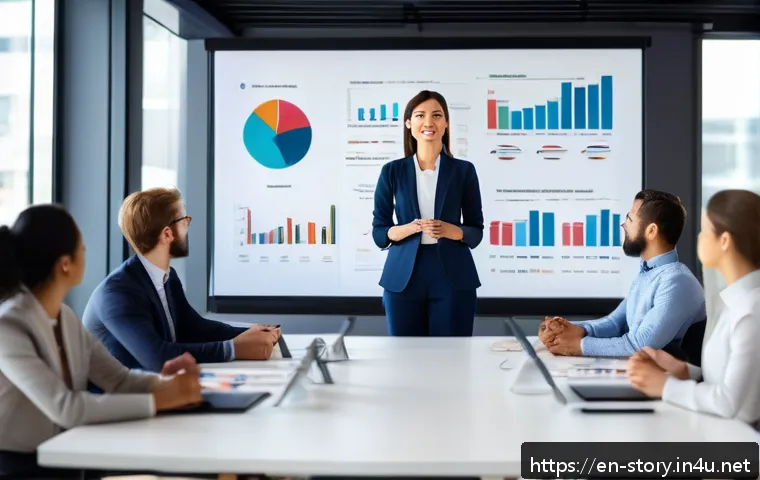 스토리텔러 직무와 관련된 전문성 향상법 - A confident professional woman delivering a presentation in a modern office setting, using expressiv...